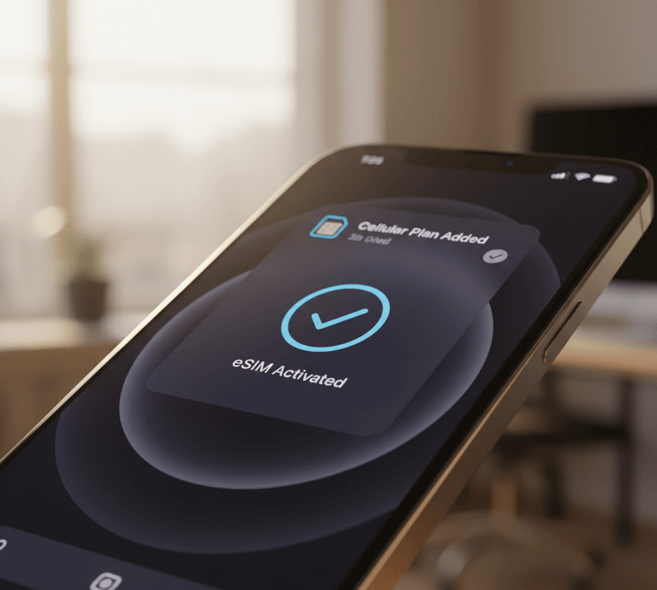 Traveler scanning eSIM QR code on iPhone at airport lounge