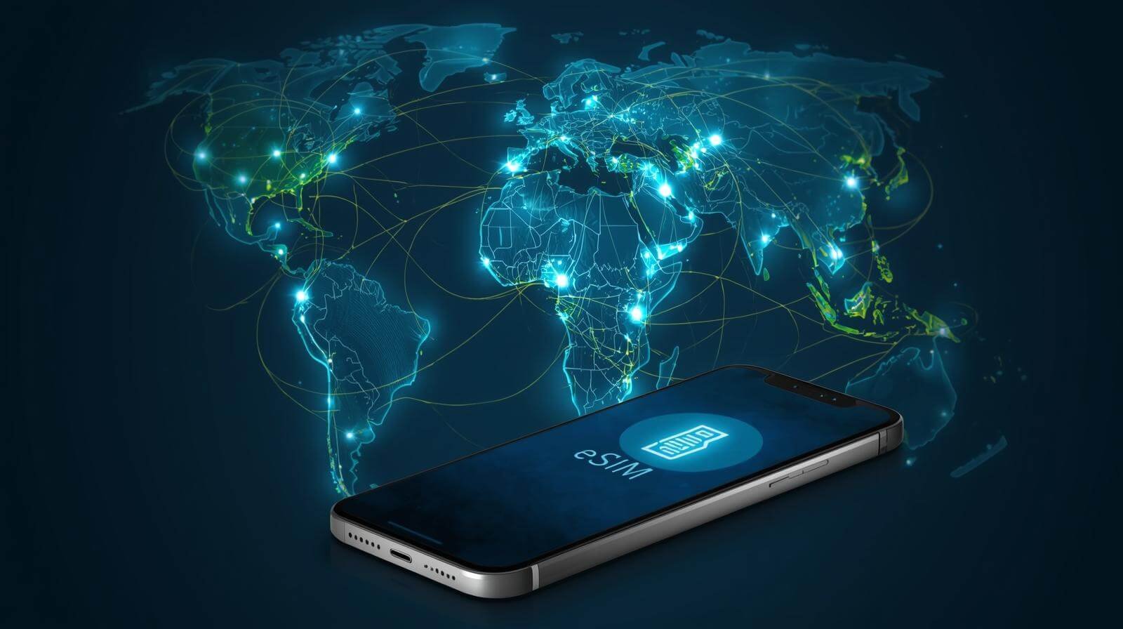 Modern iPhone eSIM activation QR code scanning with glowing blue interface