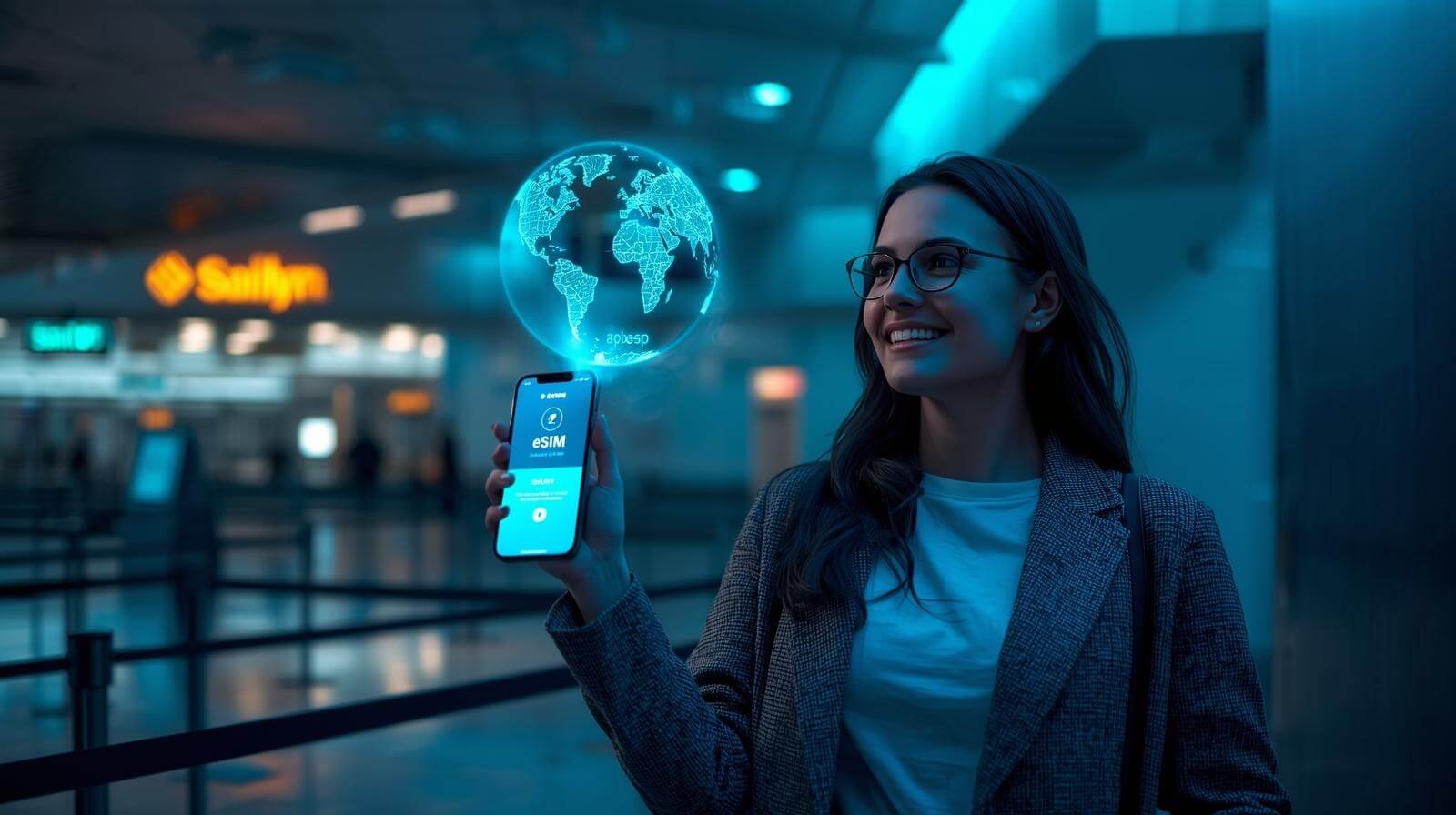 Person using smartphone at airport.