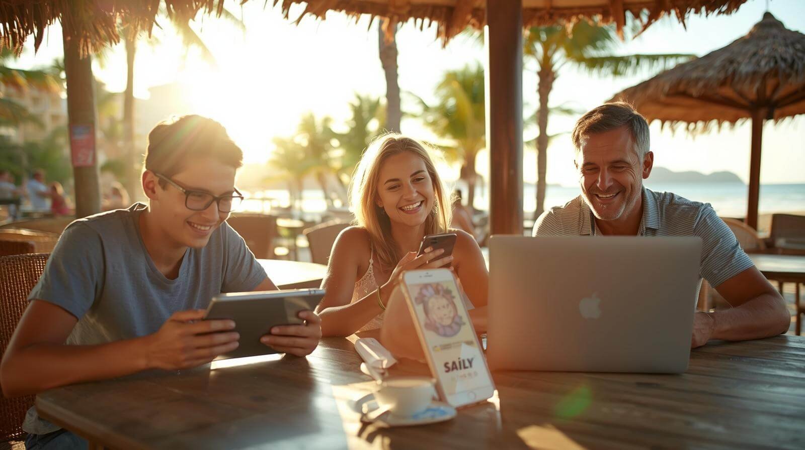 People enjoying time at beach cafe.