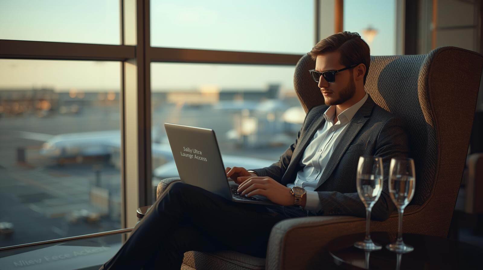 Businessman working at airport lounge.