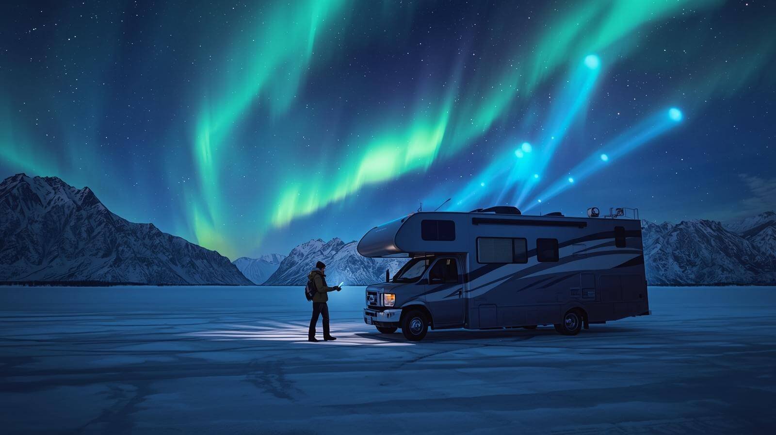 Man with RV under northern lights