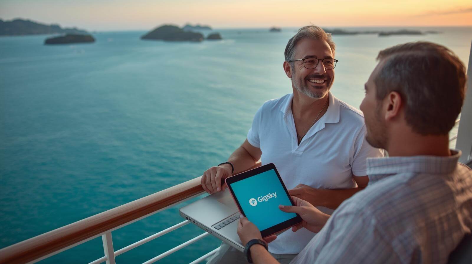 Two people on a cruise balcony.
